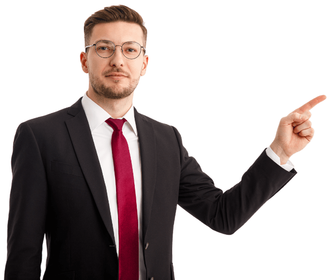 hombre con gafas señalando