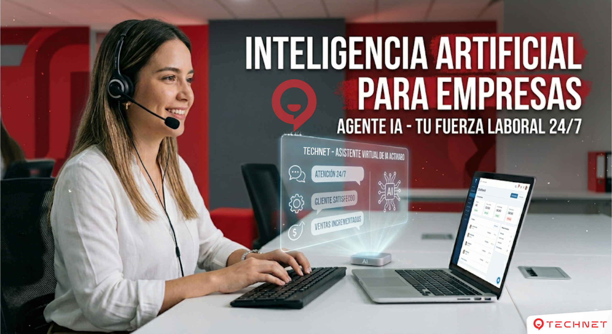 Agente de IA de Technet brindando soporte con Inteligencia Artificial para empresas 24/7.