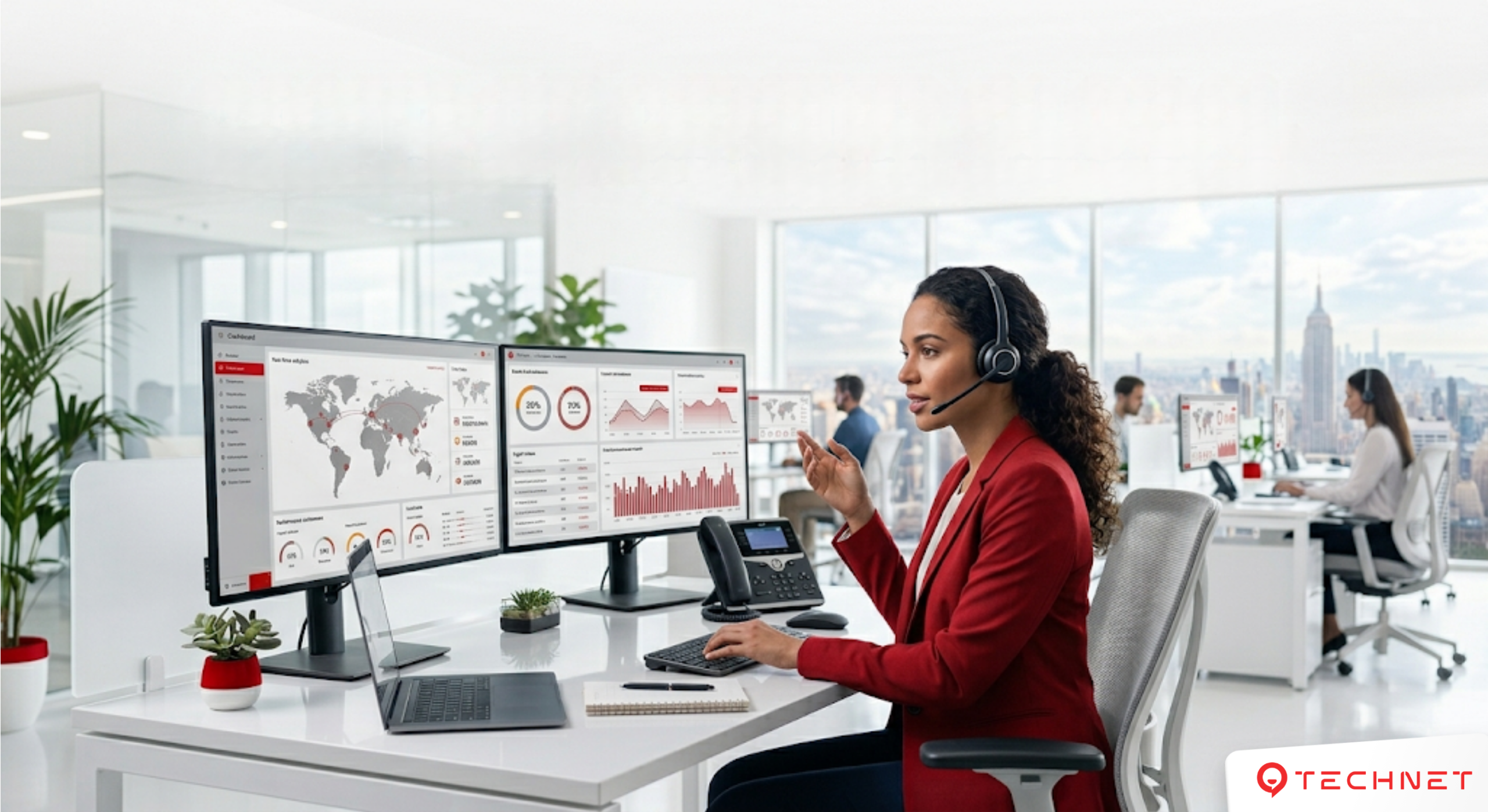 Una agente de soporte B2B con auriculares trabaja en una oficina corporativa moderna frente a pantallas con gráficos e indicadores de rendimiento, vistiendo un saco rojo en un entorno de trabajo limpio y blanco.